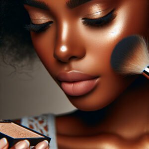 Black woman setting under eye makeup with translucent powder