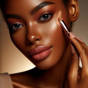 Black woman applying peach color corrector under eyes