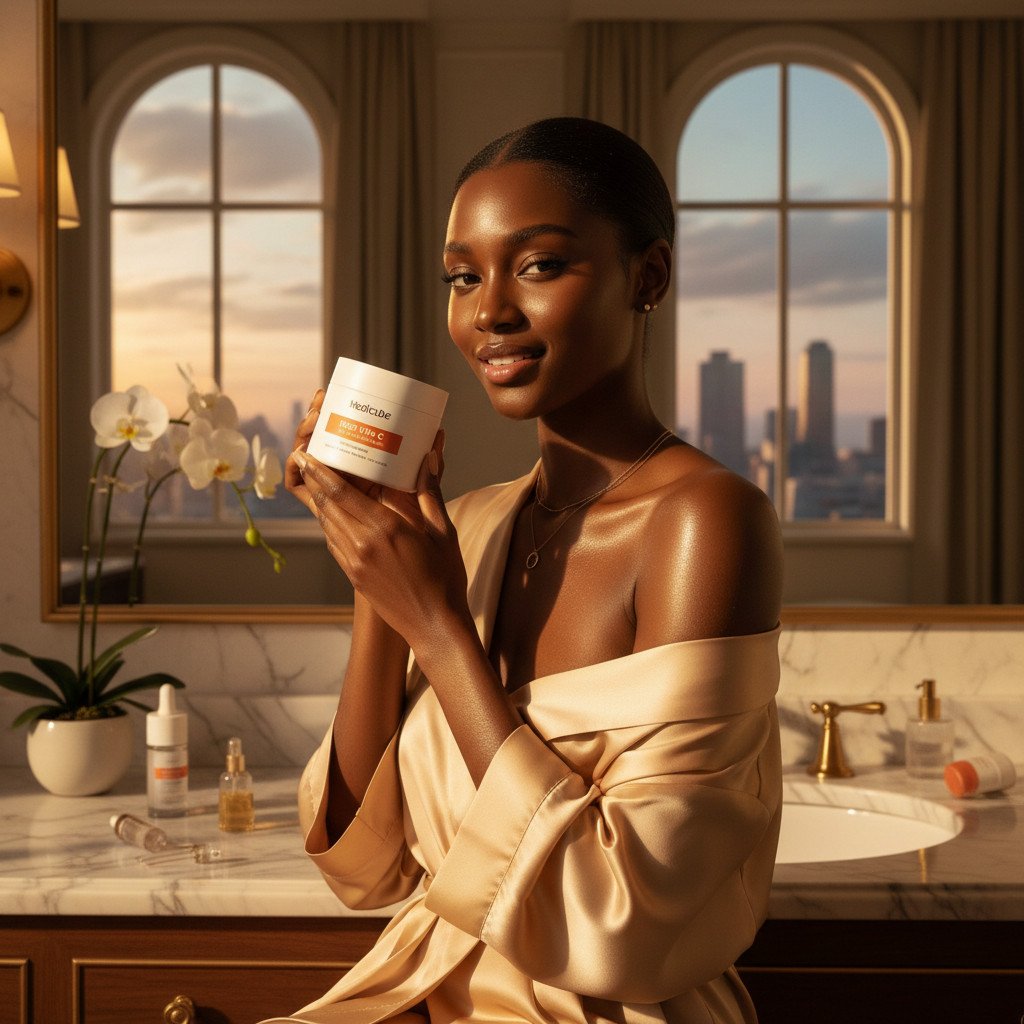 Elegant, high-resolution lifestyle photograph featuring a Black woman in her late 20s or early 30s with flawless, glowing melanin-rich skin. She is holding the Medicube Deep Vita C Facial Toner Pad container in a luxurious, well-lit bathroom setting. The light should highlight the dewy texture of her skin. Warm, golden hour lighting. Editorial quality.