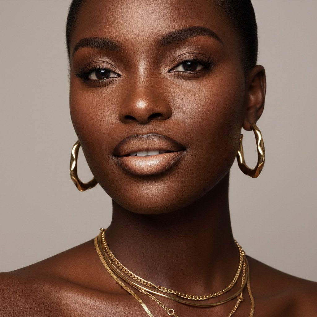 Editorial photograph of a stunning Black woman with deep brown skin and perfectly sculpted, dimensional lips. The lip look features a deep brown liner blended into a warm nude center, creating a flawless ombre effect. She is wearing elegant gold jewelry and has a confident, warm gaze. High fashion lighting, clean background.