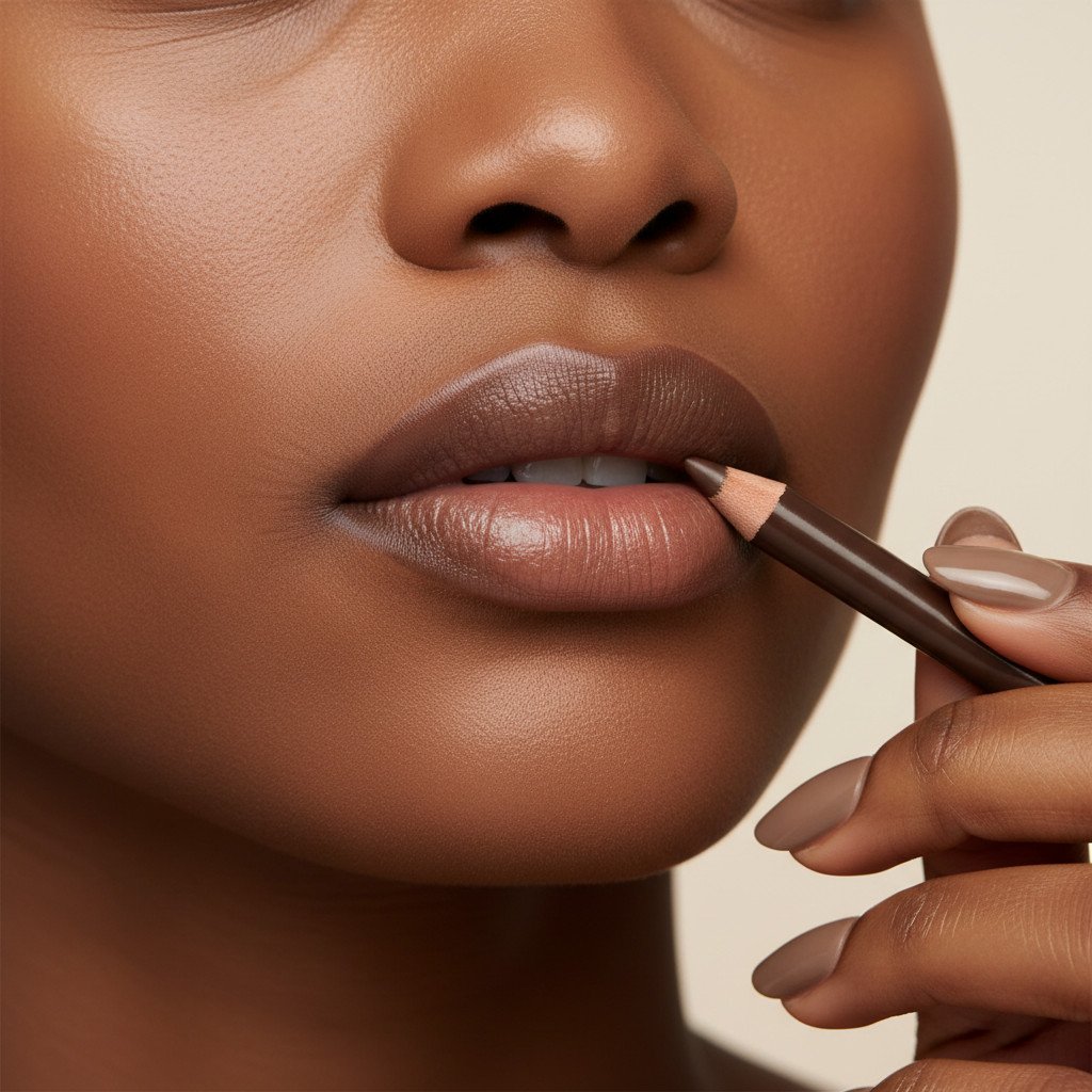 Close-up, instructional shot demonstrating the 'feathering' technique for lip liner blending. A hand is gently using the side of a deep brown lip pencil to blend the line inwards towards the center of a brown-skinned model's lips. The image should clearly show the gradient transition from dark liner to the natural lip color.
