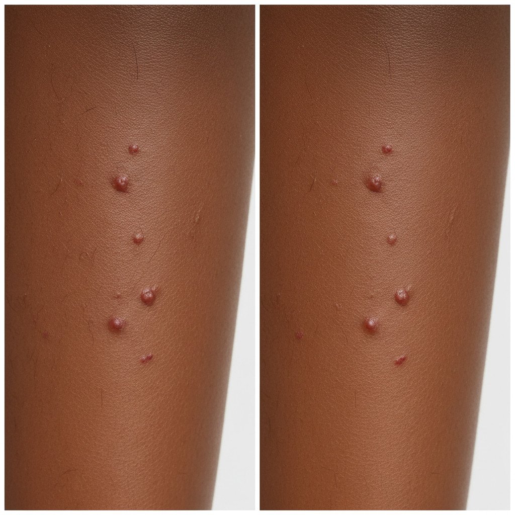 A split image or 'before and after' style photo. On one side, a close-up of an African American woman's leg with visible ingrown hairs and slight irritation. On the other side, the same area of skin is visibly smoother, clearer, and free of ingrowns, showcasing the long-term results of consistent IPL use. The lighting is consistent, highlighting the improved skin texture and tone.