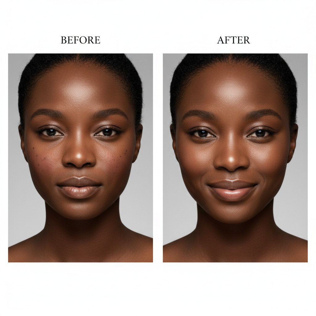 A split image or diptych showing a 'Before and After' comparison of an African American woman's skin. The 'Before' side shows subtle fine lines, uneven tone, and perhaps some minor hyperpigmentation. The 'After' side, with the same woman, shows visibly smoother skin, reduced appearance of fine lines, a more even and radiant complexion, and improved firmness. The lighting is consistent, highlighting the positive transformation. The woman's expression in the 'After' shot is one of quiet confidence and satisfaction.