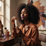 Black woman with deep skin holding an azelaic acid treatment in calm vanity light