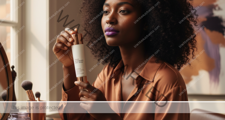 Black woman with deep skin holding an azelaic acid treatment in calm vanity light