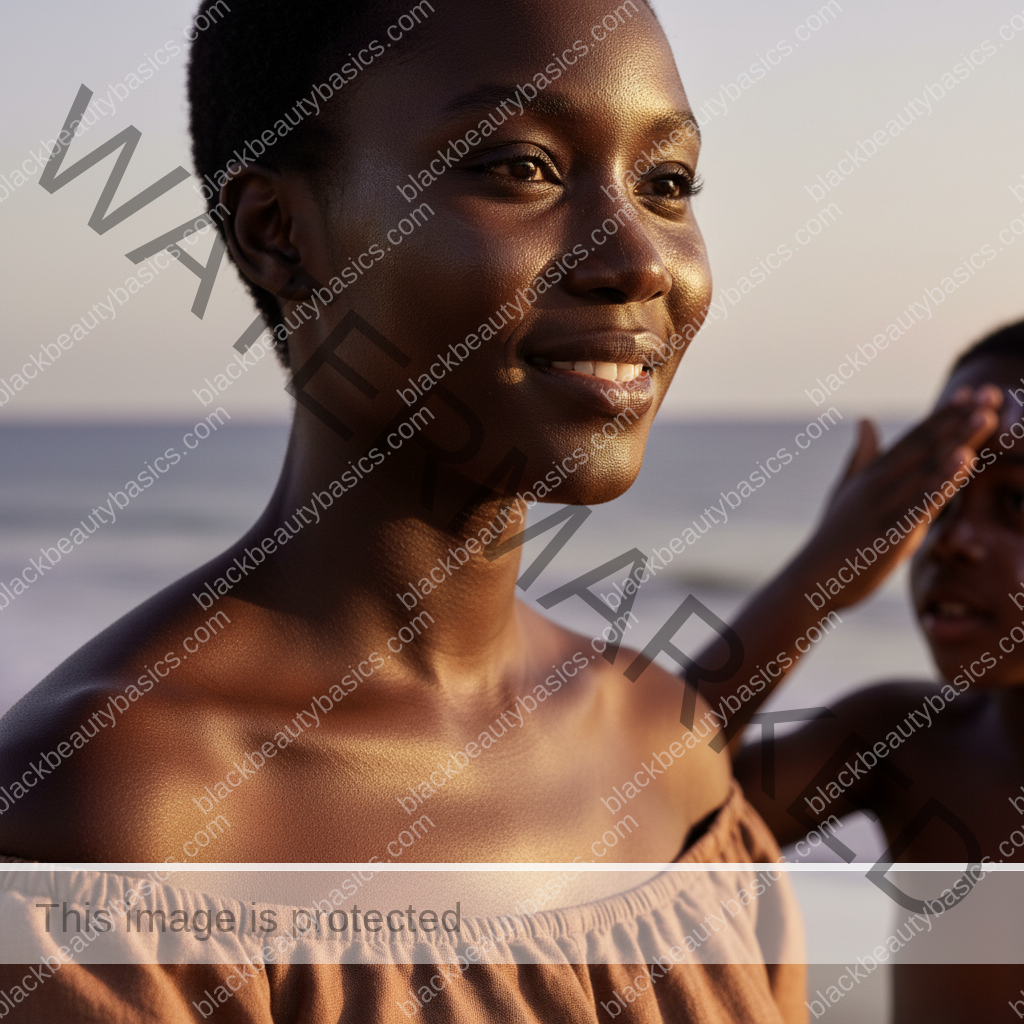 Black woman with deep skin relaxed in soft daylight after sunscreen application