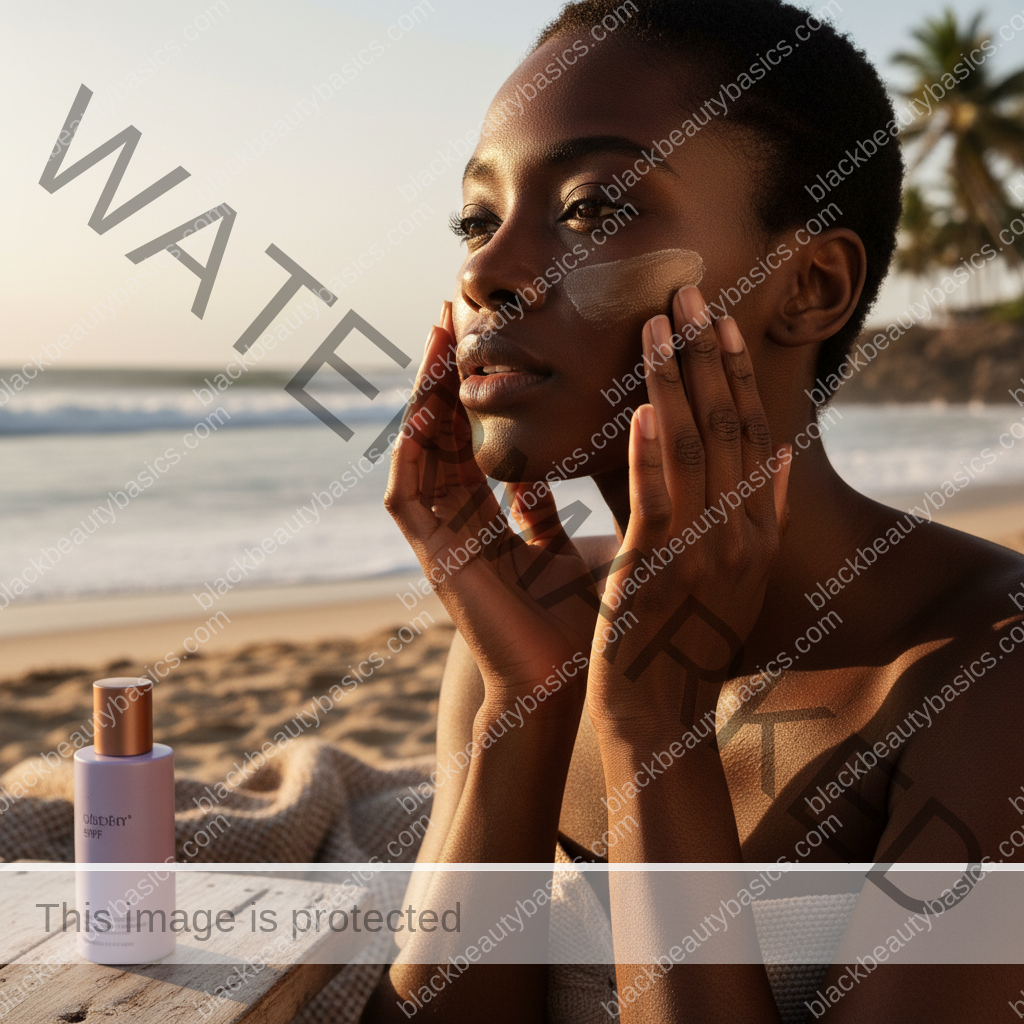 Melanin-rich skin in natural light illustrating Sunscreen Routine for Black Women at the Beach