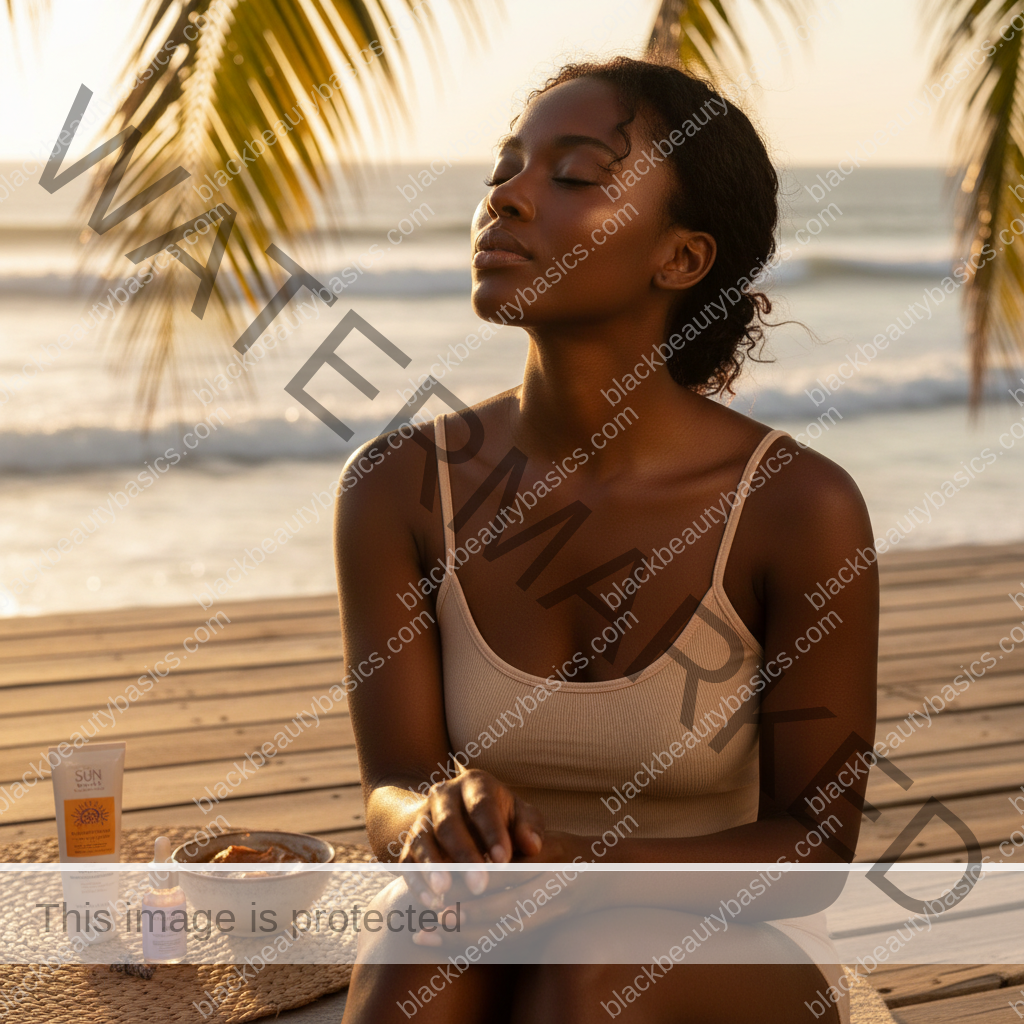 Black woman with richly melanated skin in a calm reflective sunscreen routine moment