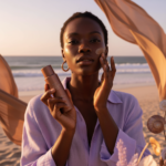 Black woman with deep skin in an editorial sunscreen moment for Sunscreen Routine for Black Women at the Beach