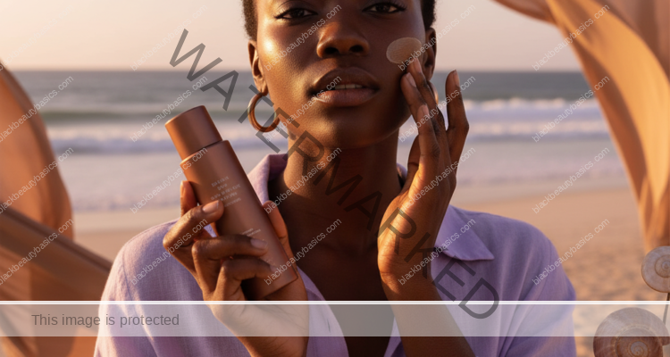Black woman with deep skin in an editorial sunscreen moment for Sunscreen Routine for Black Women at the Beach