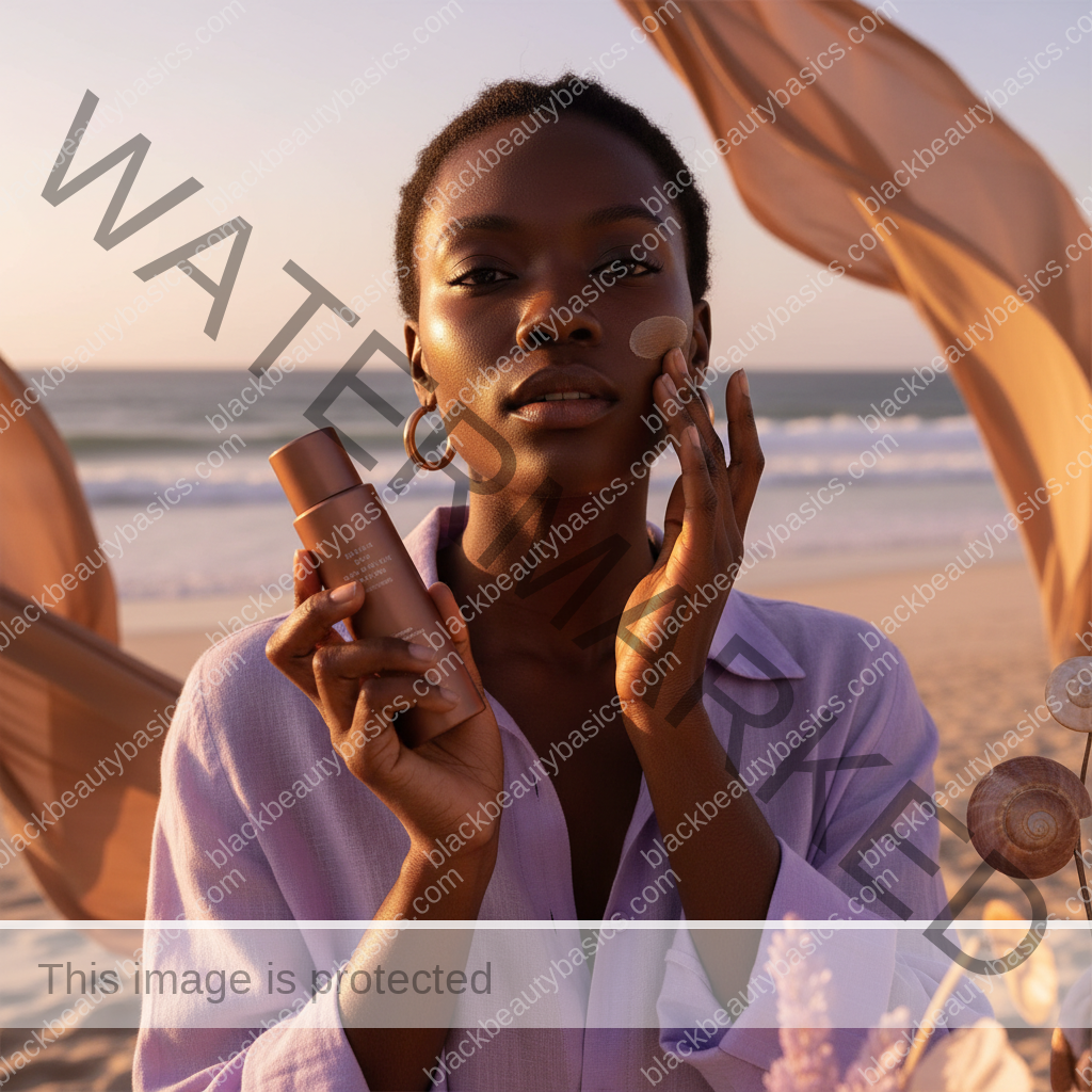 Black woman with deep skin in an editorial sunscreen moment for Sunscreen Routine for Black Women at the Beach