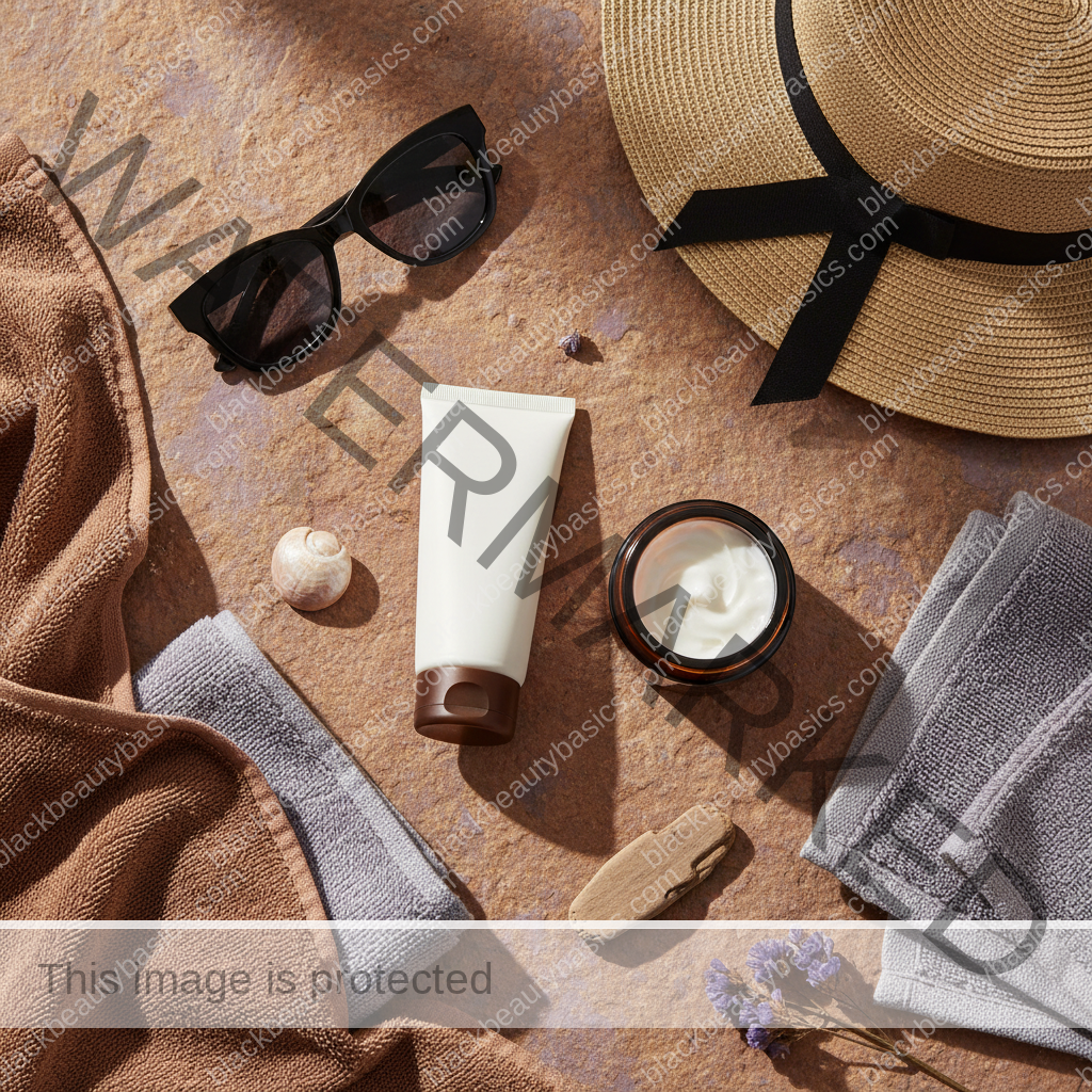 Sunscreen and skincare essentials arranged for Sunscreen Routine for Black Women at the Beach