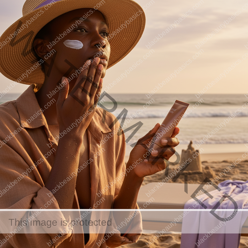 Black woman applying sunscreen in a practical step for Sunscreen Routine for Black Women at the Beach