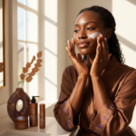 Black woman with deep skin applying sunscreen in bright morning light
