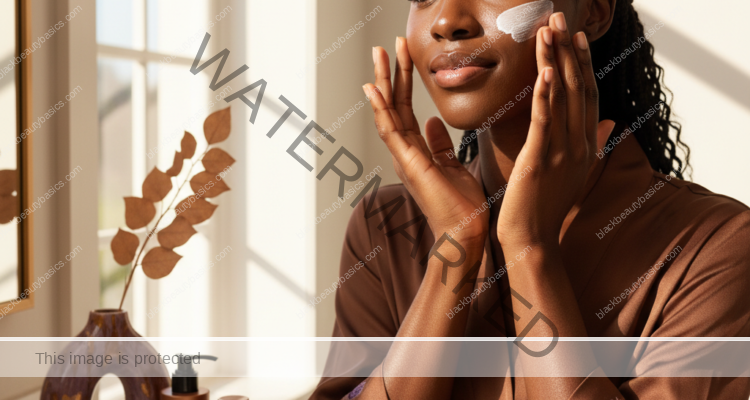 Black woman with deep skin applying sunscreen in bright morning light