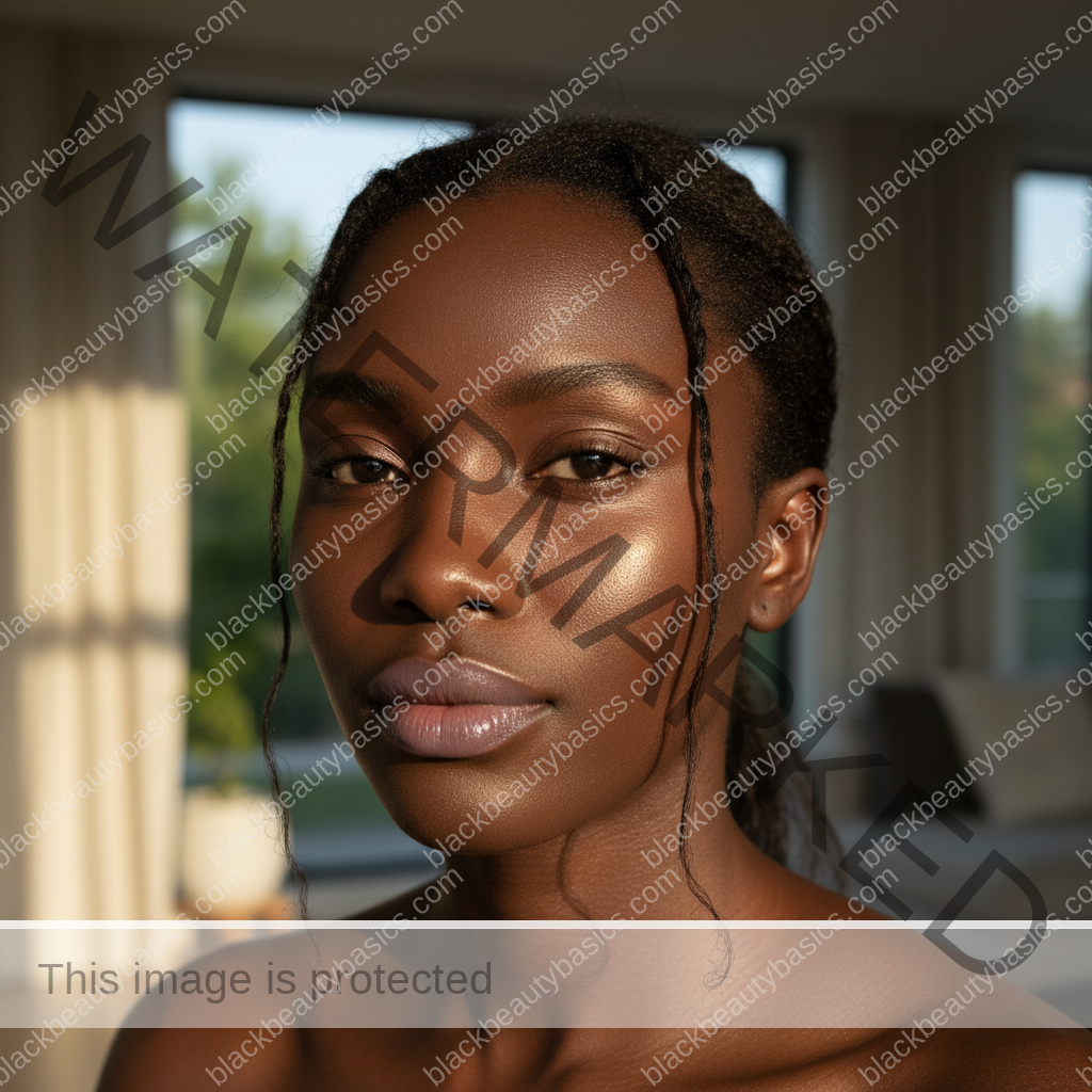 Black woman with deep skin glowing softly after moisturizing sunscreen