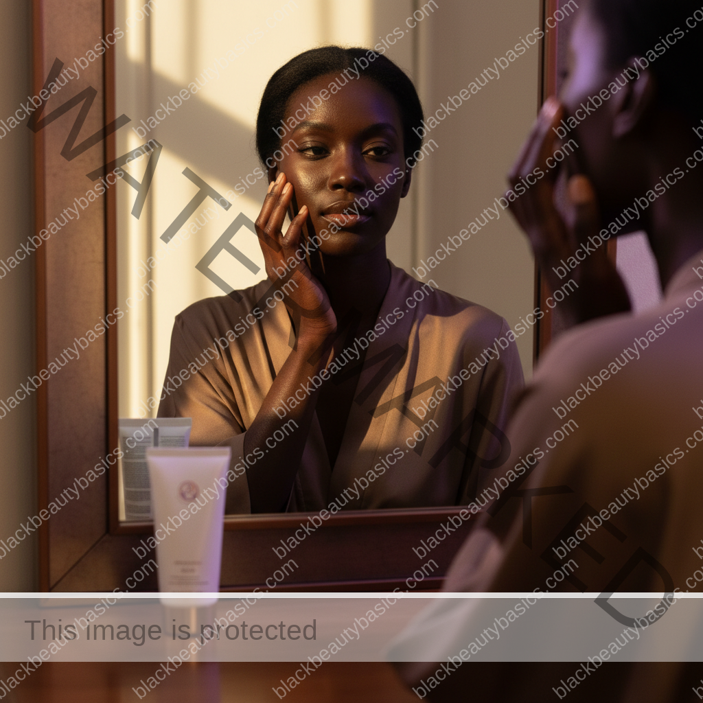 Black woman with deep skin holding moisturizer and sunscreen near a mirror