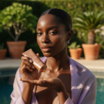 Black woman with dry deep skin applying moisturizing sunscreen in warm light