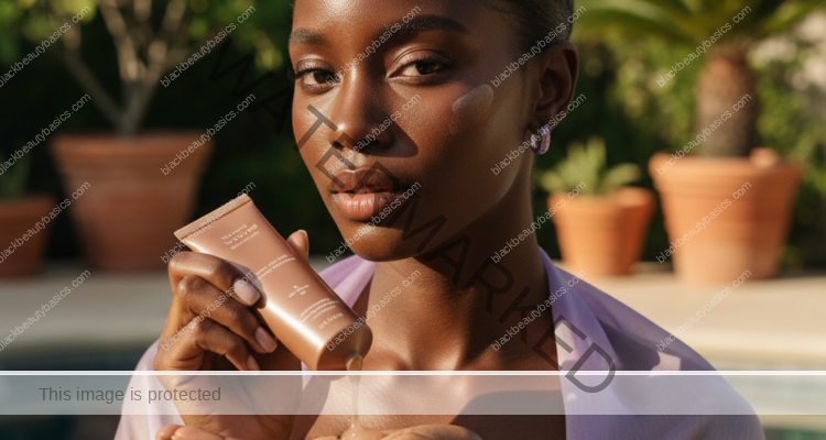 Black woman with dry deep skin applying moisturizing sunscreen in warm light