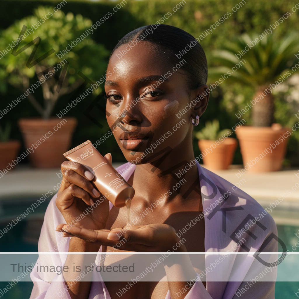 Black woman with dry deep skin applying moisturizing sunscreen in warm light