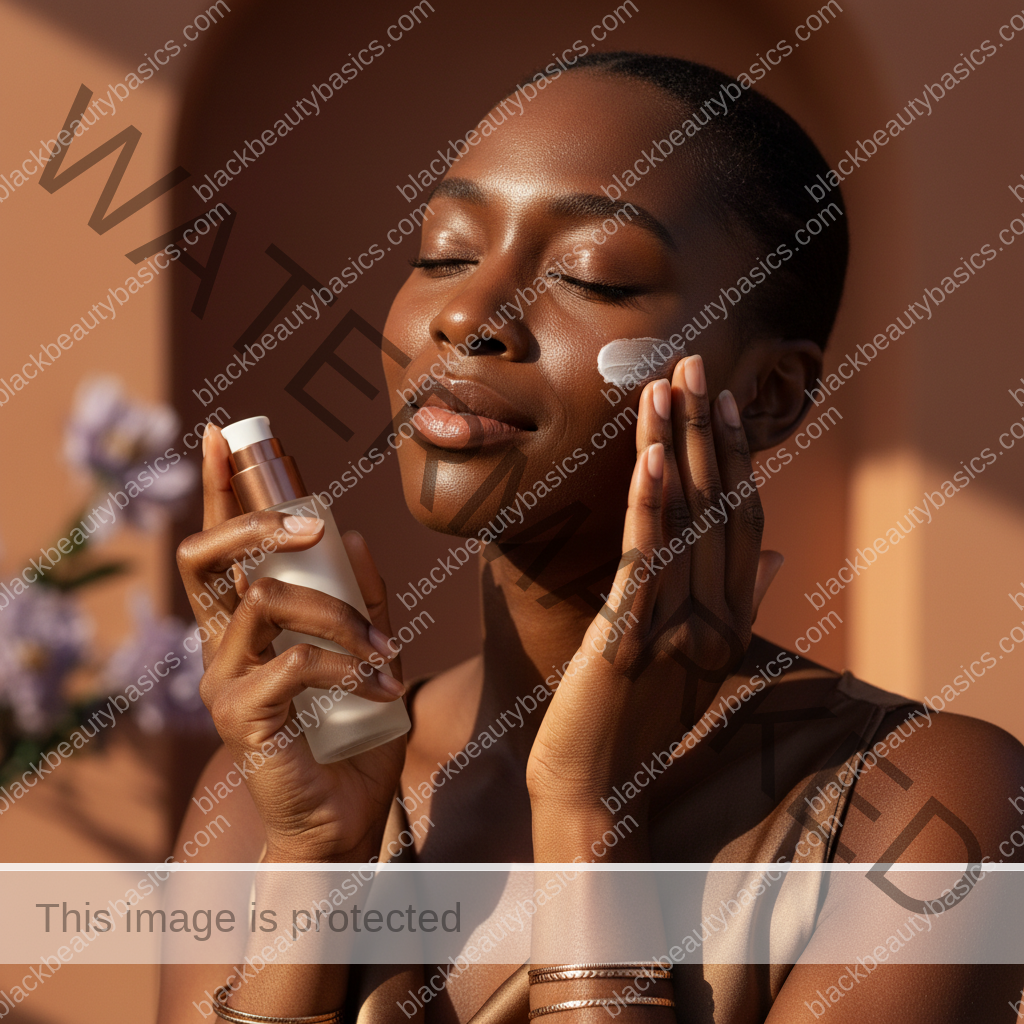 Black woman with deep skin applying comfortable moisturizing sunscreen in warm daylight