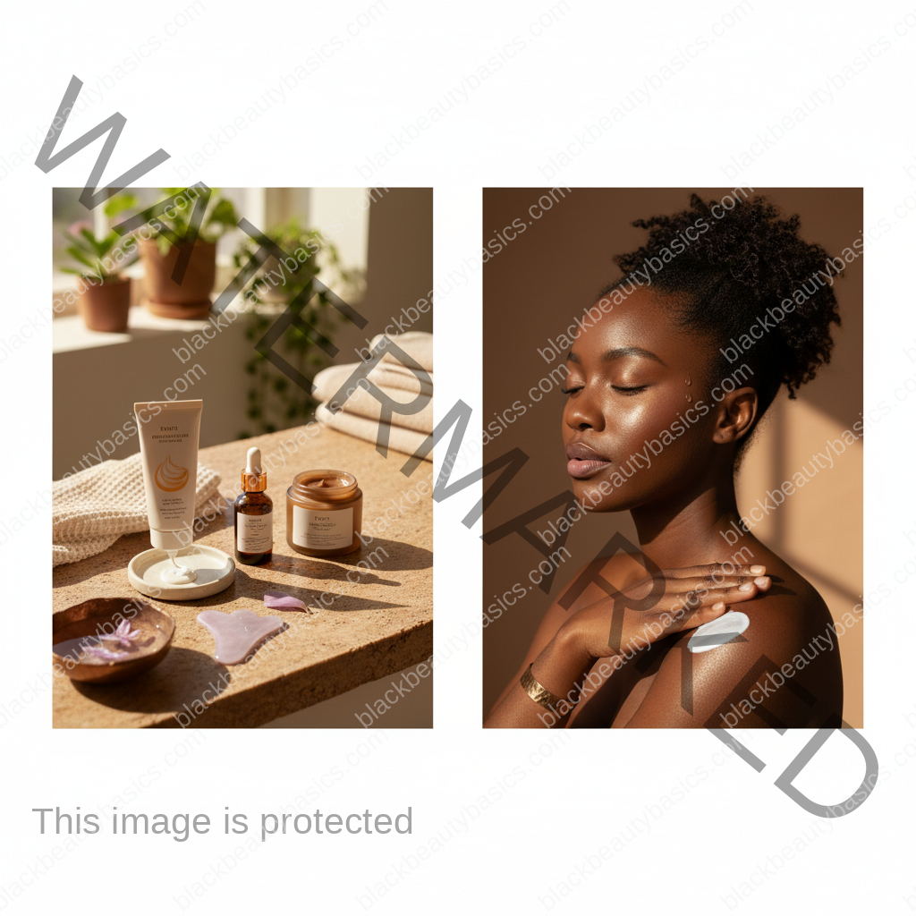 Flat lay of cream sunscreen, rich moisturizer, and hydrating serum