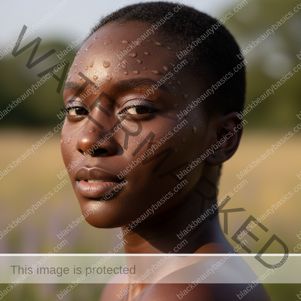 Close view of glowing oily melanin-rich skin in natural light