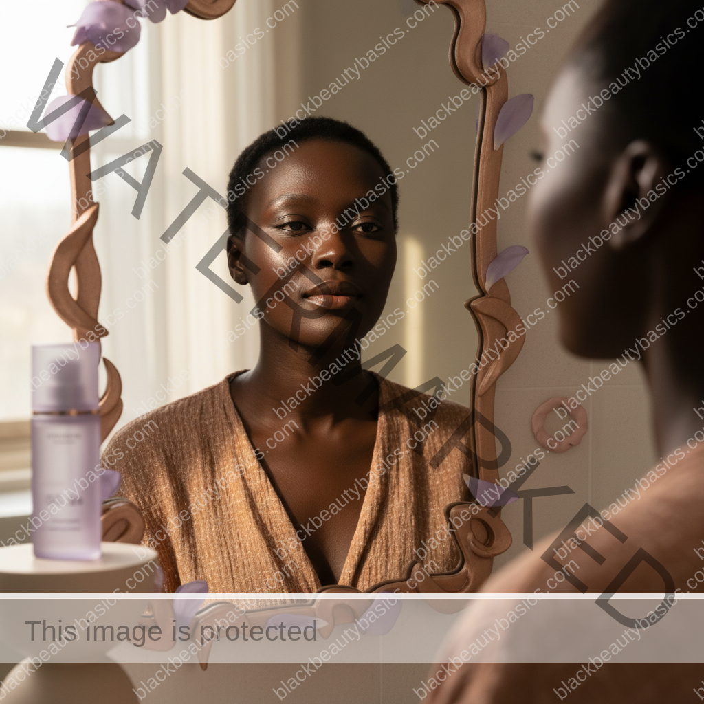 Black woman with deep skin blotting shine beside sunscreen on a vanity