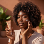 Black woman with oily deep skin applying lightweight sunscreen in bright bathroom light