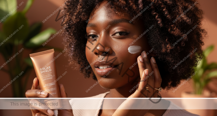 Black woman with oily deep skin applying lightweight sunscreen in bright bathroom light