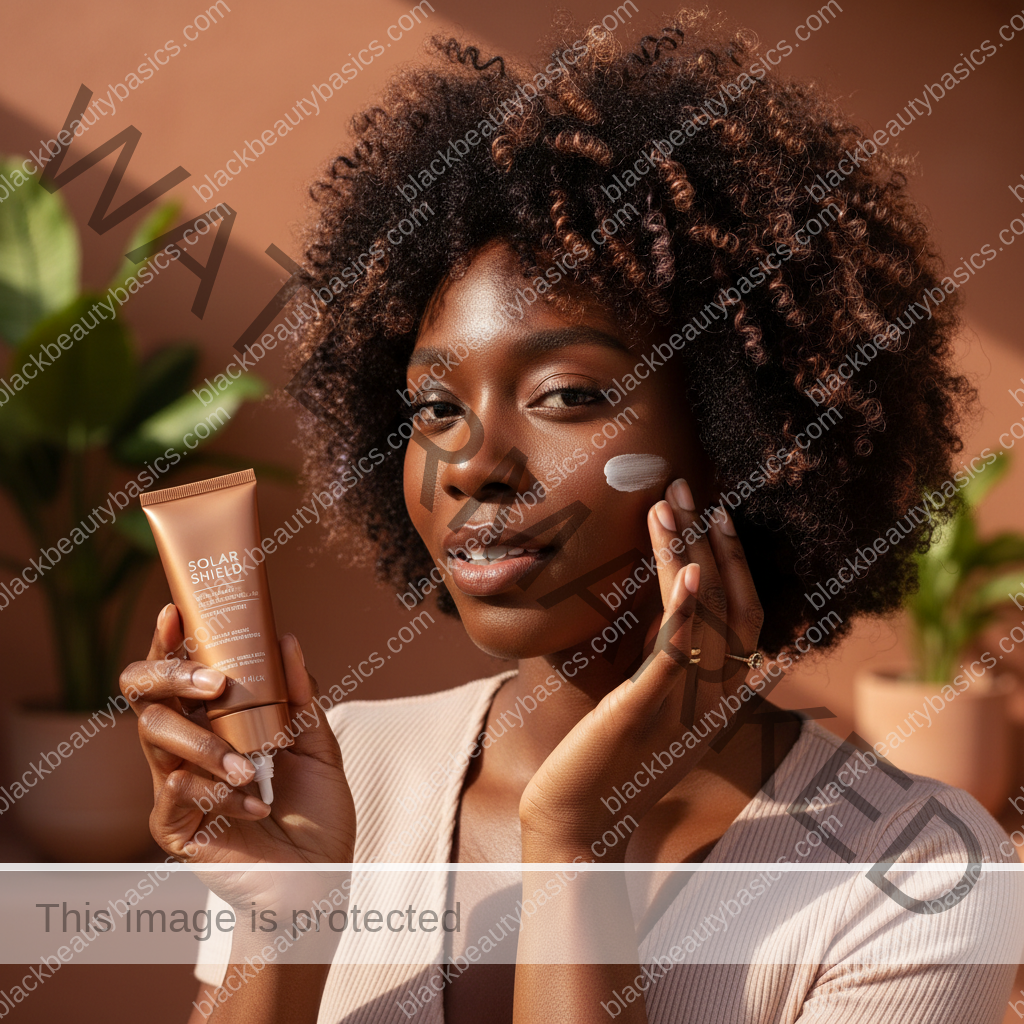 Black woman with oily deep skin applying lightweight sunscreen in bright bathroom light