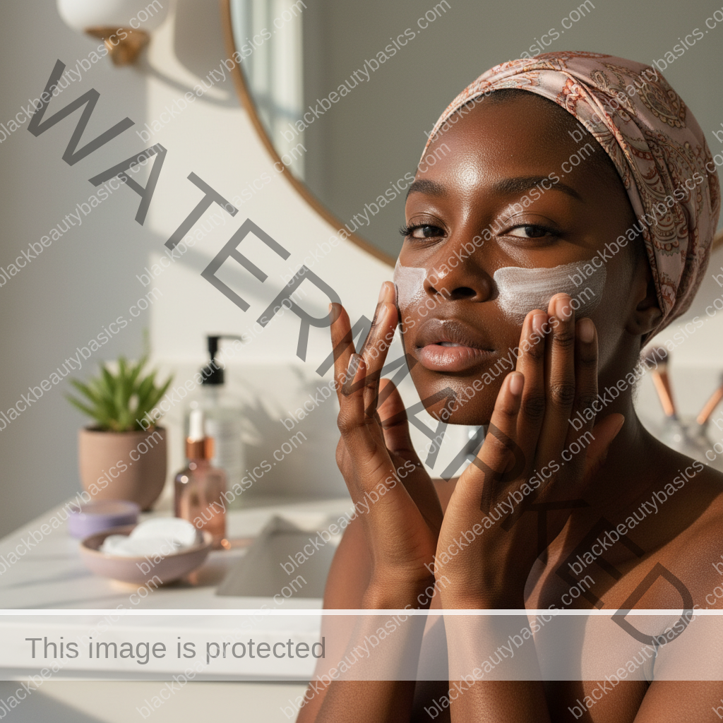 Black woman applying gel sunscreen in thin layers on deep skin