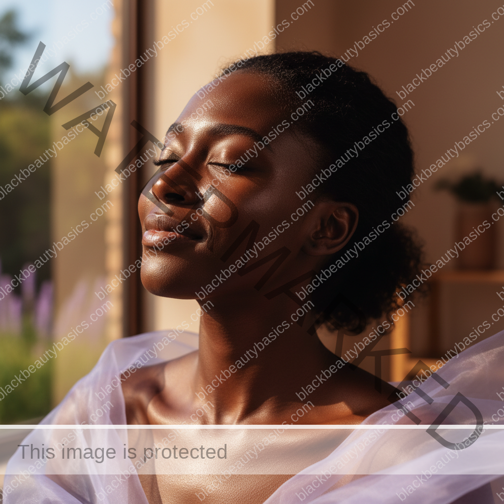 Black woman with deep skin resting calmly after applying gentle sunscreen