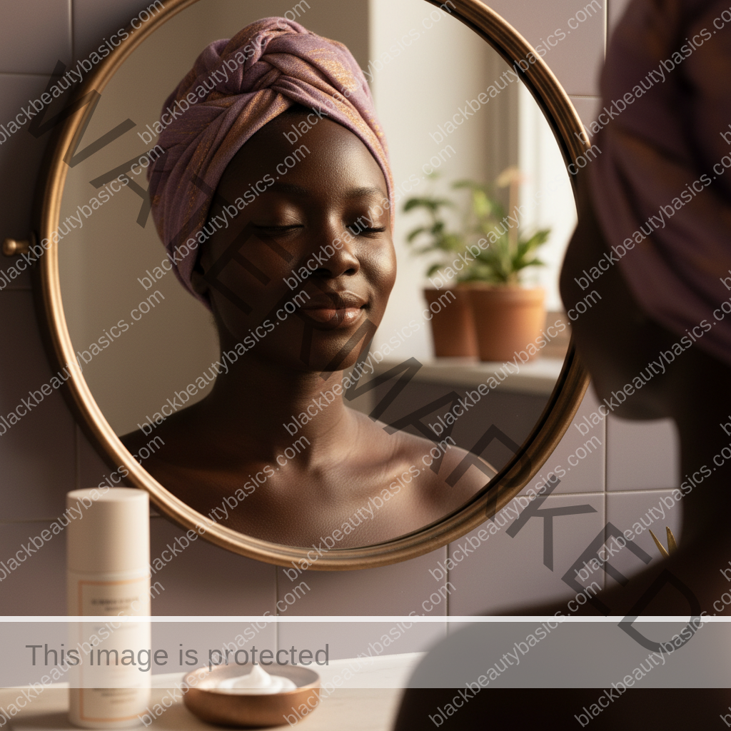 Black woman with deep skin holding sunscreen while looking calmly at a mirror