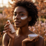 Black woman with sensitive deep skin applying gentle sunscreen in soft light