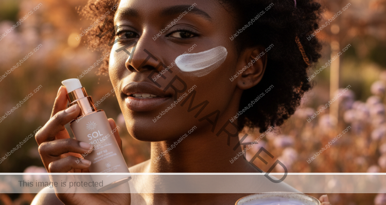 Black woman with sensitive deep skin applying gentle sunscreen in soft light