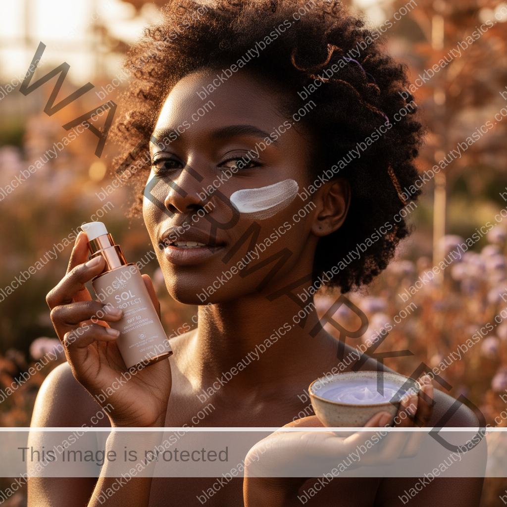 Black woman with sensitive deep skin applying gentle sunscreen in soft light