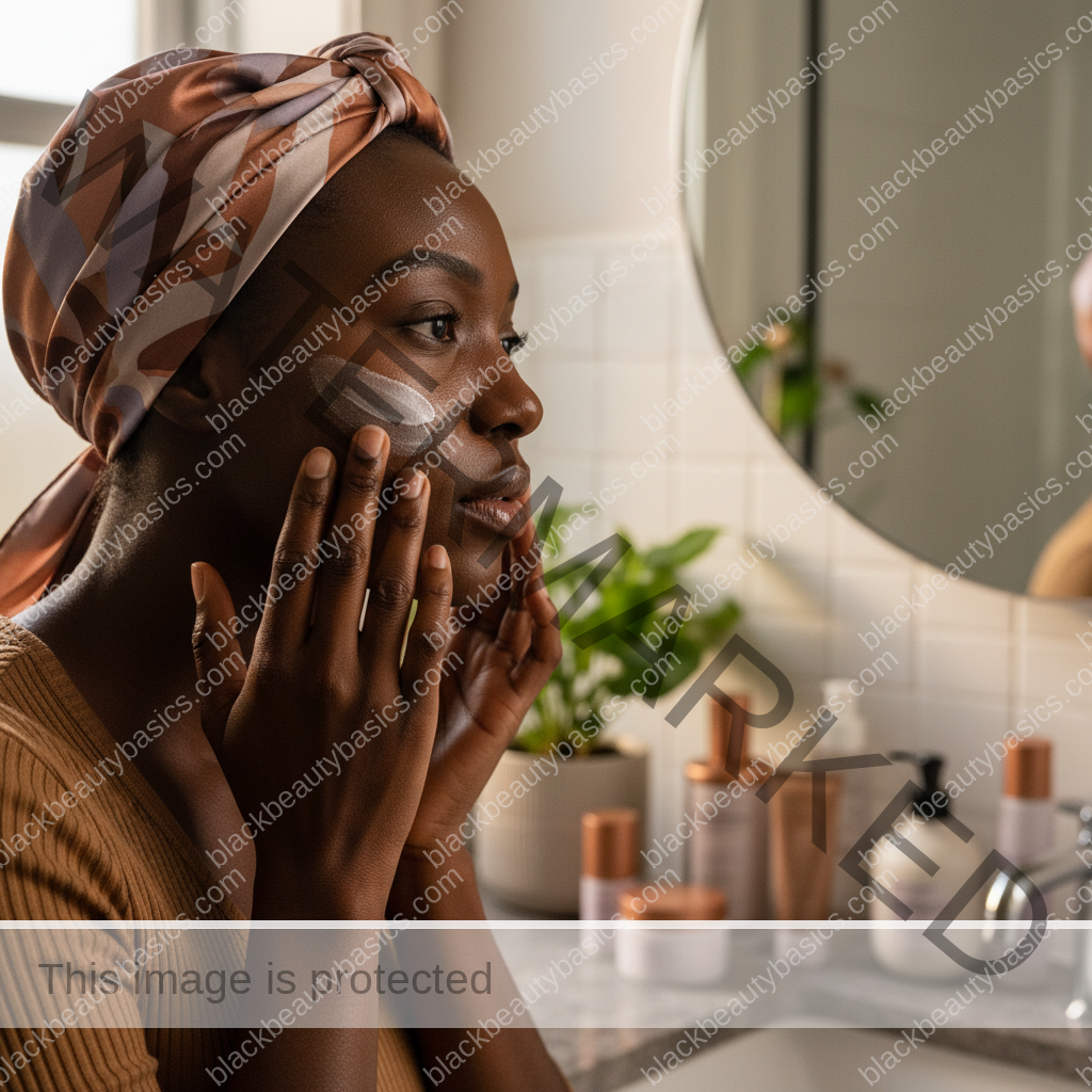 Black woman patch testing sunscreen on deep skin before applying to face