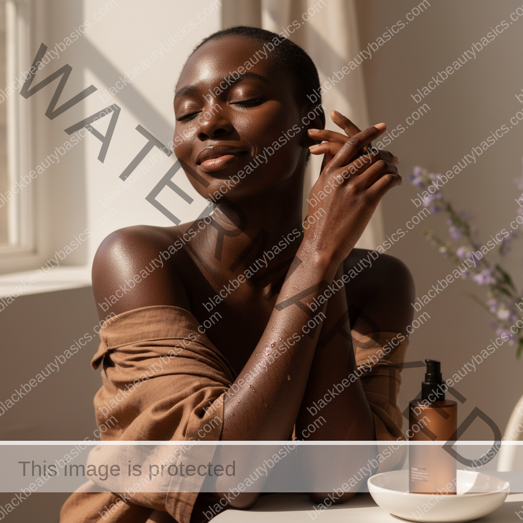 Black woman with deep skin outdoors with protected glowing arms and shoulders