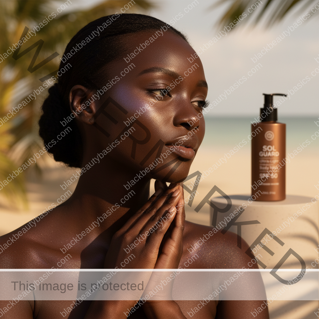 Close view of melanin-rich arms and shoulders in daylight with sunscreen nearby