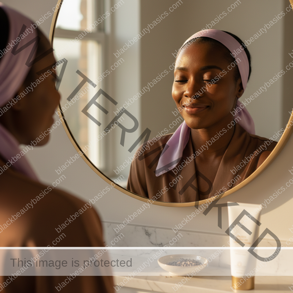 Black woman with deep skin holding body sunscreen before getting dressed