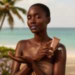 Black woman with deep skin applying body sunscreen to her arm in warm daylight