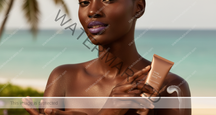 Black woman with deep skin applying body sunscreen to her arm in warm daylight