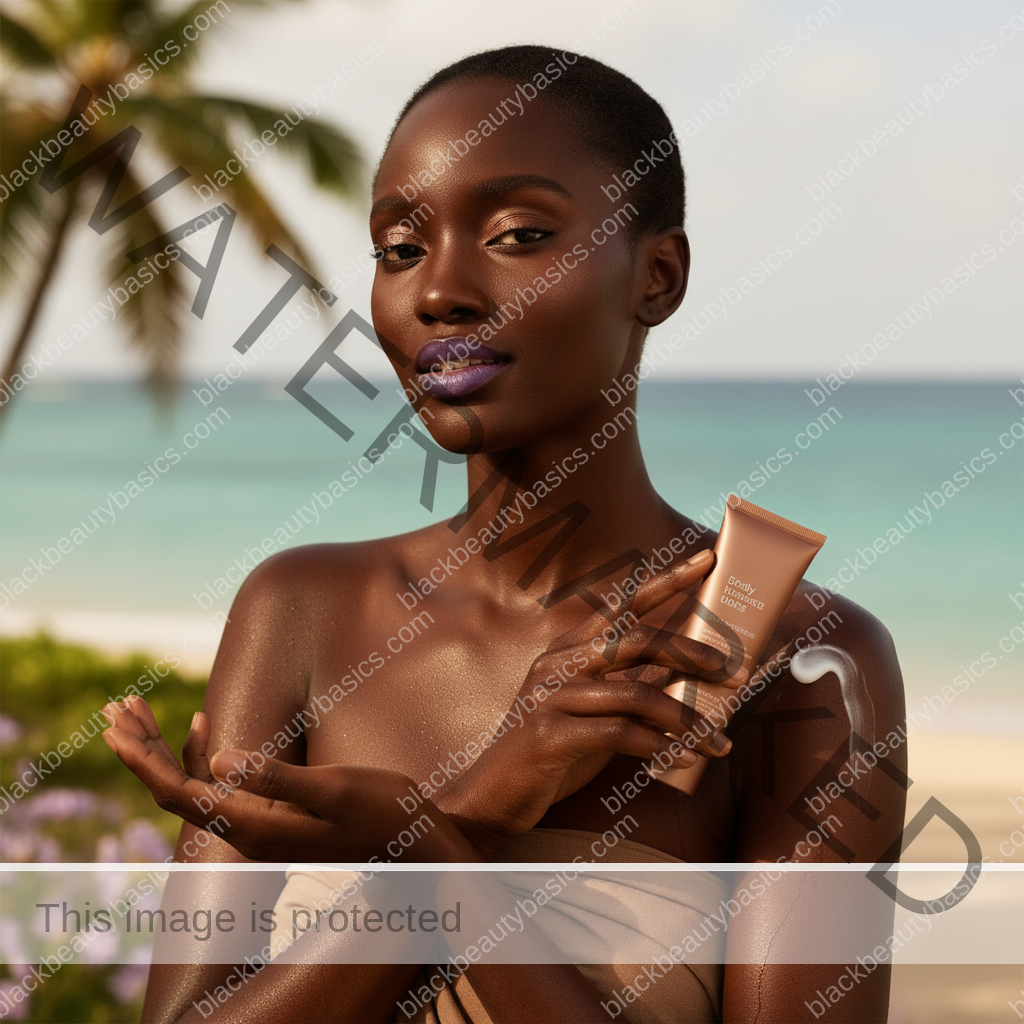 Black woman with deep skin applying body sunscreen to her arm in warm daylight