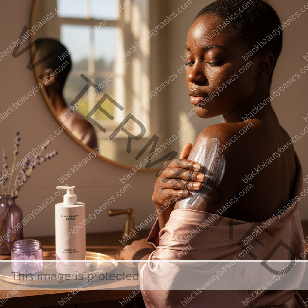 Black woman applying non-sticky sunscreen to legs before going outside
