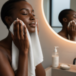 Black woman checking whether her cleanser is too harsh for dark skin