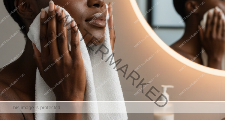 Black woman checking whether her cleanser is too harsh for dark skin