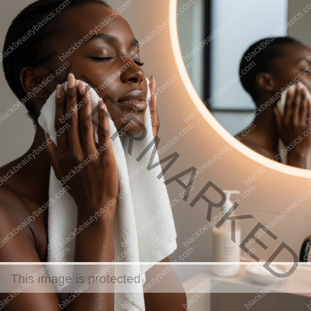 Black woman checking whether her cleanser is too harsh for dark skin