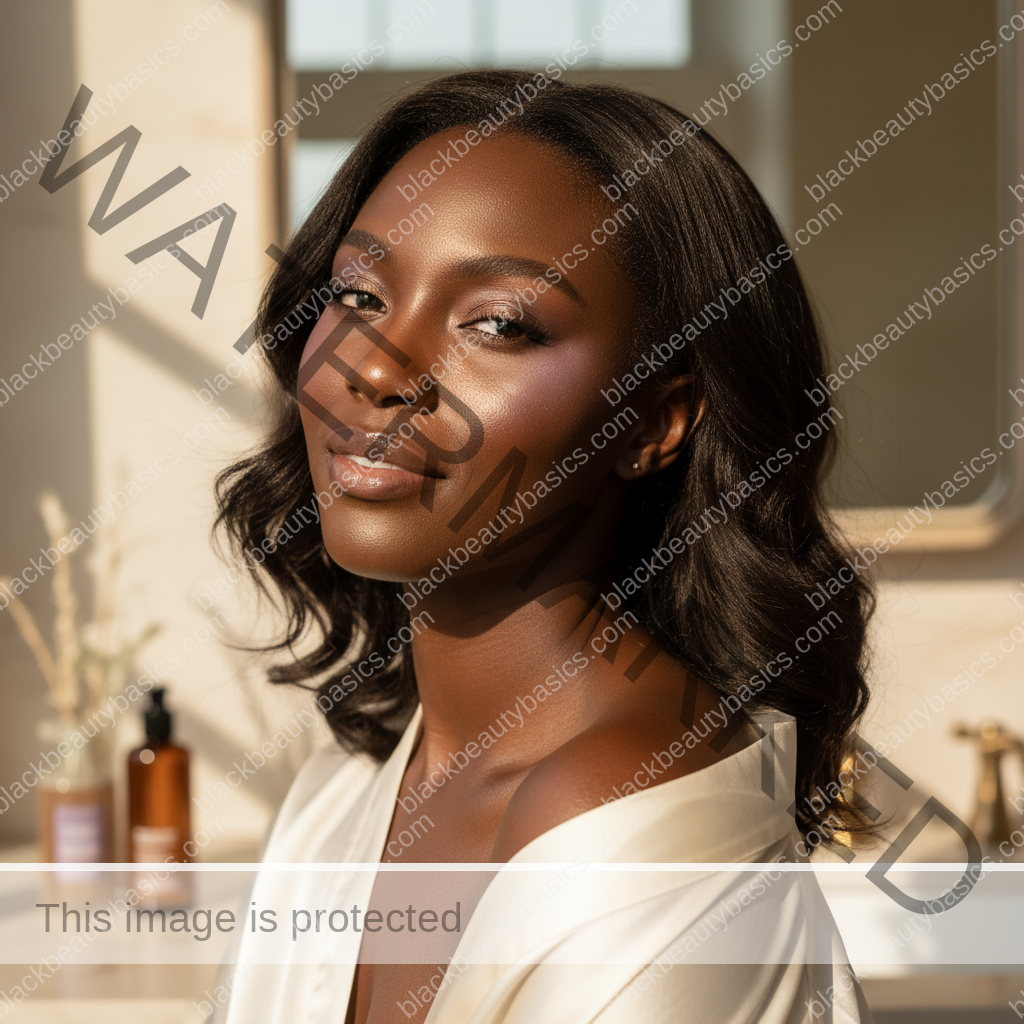 Black woman with deep skin wearing natural makeup in soft daylight after sunscreen