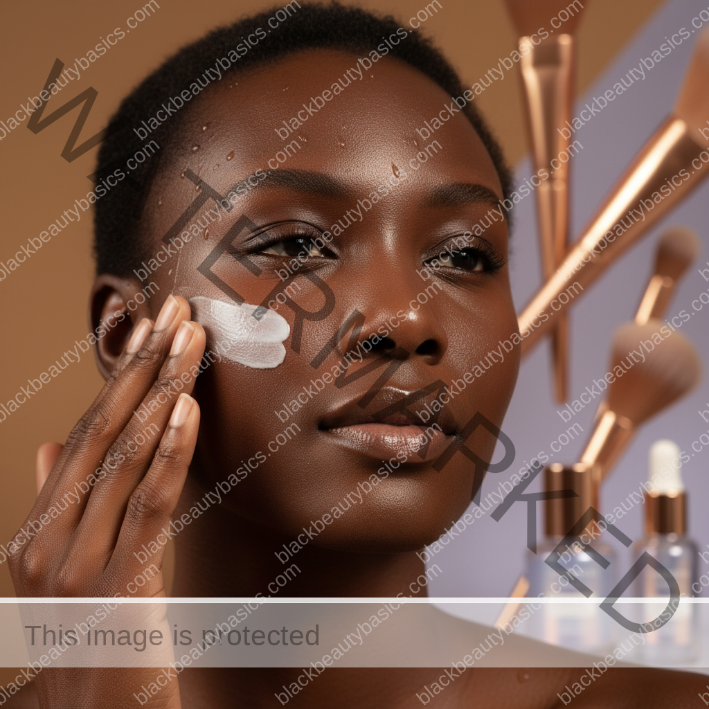 Close view of melanin-rich skin with sunscreen and makeup products nearby